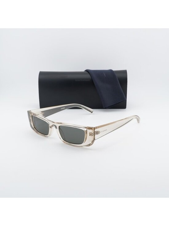Saint Laurent SL553 005 Sunglasses Shiny Beige Rectangle Frame, Grey Lenses